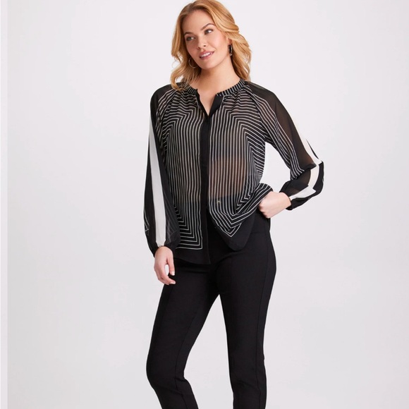 Laura Tops - Laura Mixed Stripe Button-Down Sheer Blouse Black and White Pattern